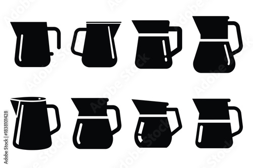Set of Minimalist black latte jug kitchen tool silhouette icon set