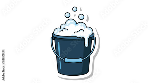 Dark Blue Bucket Overflowing With White Soap Suds and Bubbles on a Black Background Cleanliness Concept