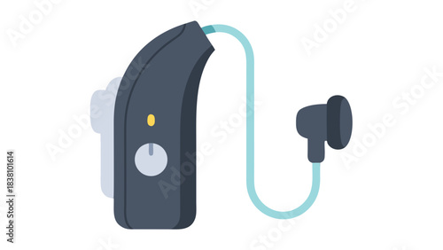 Dark Gray Digital Hearing Aid Device with Light Blue Cord and Earbud on Black Background Minimalist Illustration