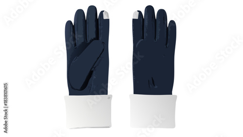 Dark Blue Winter Gloves With White Cuffs And Fingertips Isolated On A Black Background Representing Cold Weather Protection