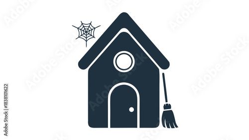 Dark Silhouette Of A Spooky Halloween House With A Broomstick And Cobweb On A Black Background