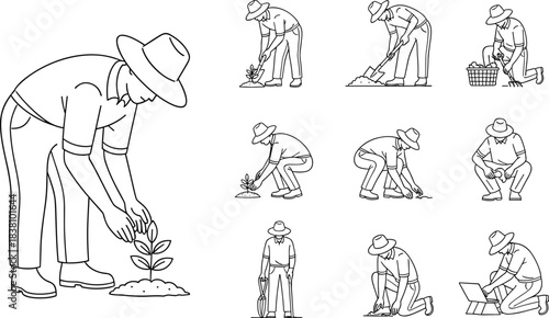 Dedicated Farmer Planting Seedling in Rich Soil, Showcasing Sustainable Agriculture and Modern Technology in Rural Life, Cultivating Growth for Future Harvest, Farm Work Illustration
