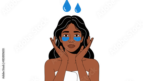 Dark Skinned Woman Applying Eye Patches and Looking Concerned with Water Droplets Above Her Head Against a Solid Black Background Minimalist Pixel Art Style