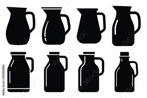 Set of Minimalist black milk jug kitchen tool silhouette icon set