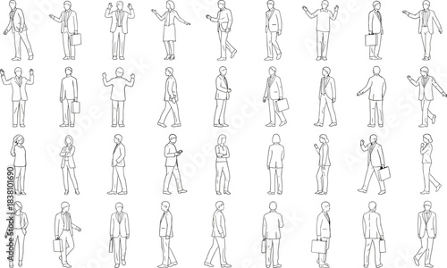 Blue outline set of diverse business people and architects in various standing, walking, and posing actions, ideal for 2D elevation, section, and scale representation graphics in 