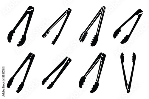 Set of Minimalist black noodle tongs kitchen tool silhouette icon set
