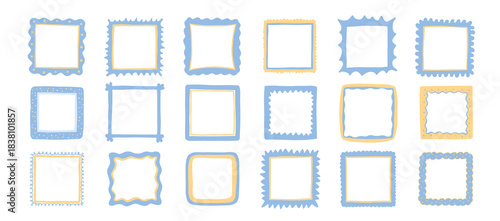 Cute square frames. Cute borders with zig zag edge. Text box frameworks. Vector hand drawn set in blue and yellow colors