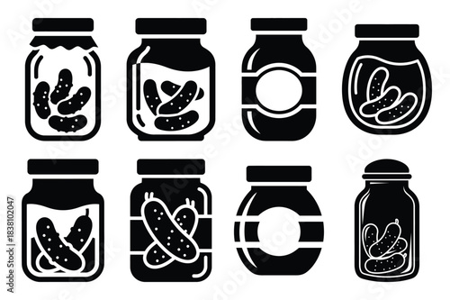 Set of Minimalist black pickle jar kitchen tool silhouette icon set