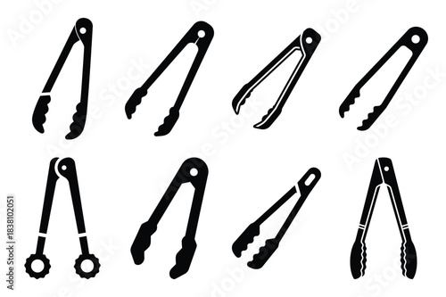 Set of Minimalist black pickle tong kitchen tool silhouette icon set