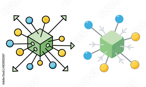 Central node connecting multiple elements, data distribution, network hub icon illustration vector