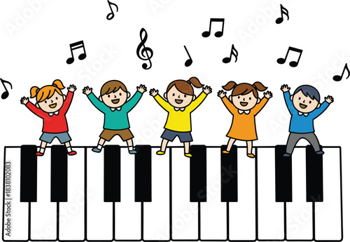 Happy diverse children joyfully singing and dancing on a piano keyboard, celebrating music, education, creativity, and fun in a colorful, cheerful vector illustration.