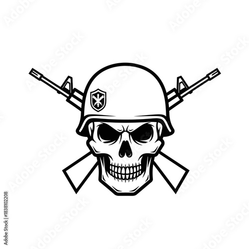Monochromatic military skull emblem with crossed assault rifles symbolizes defiance and mortality