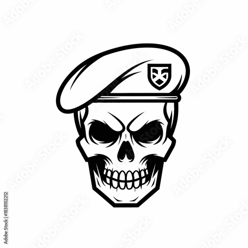 Monochrome skull in military beret evokes stark symbol of mortality and somber strength