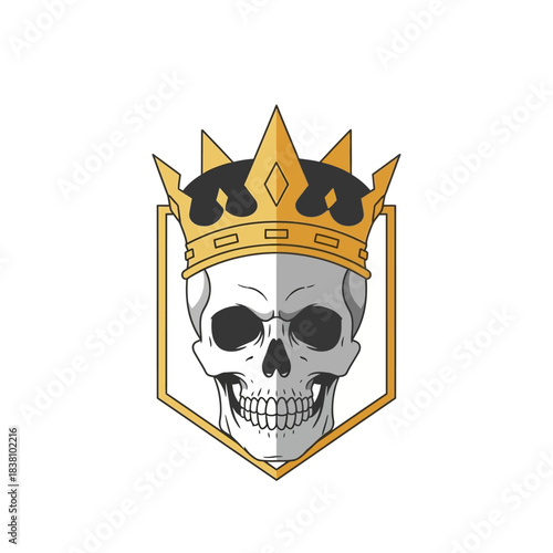 Majestic skull wearing a golden crown encased in a shield, death and power emblem