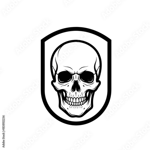Monochrome skull emblem, conceptual artwork, human anatomy representation, spooky iconography
