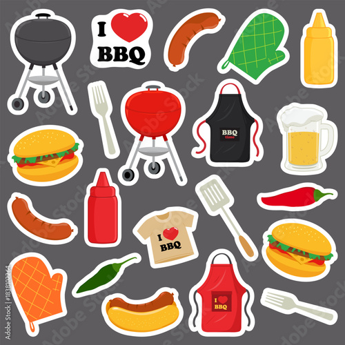 Barbecue sticker set with bbq grill, cooking apron and food. Spicy chili peppers and beer. Flaming roasted hot grill for hot dogs sticker pack patches, labels, tags. Vector illustration