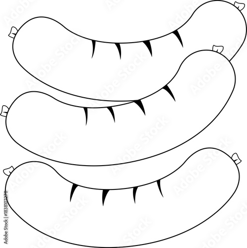 Grilled sausages. Roasted hot grilled hot dogs. Barbecue bbq spicy meat sausages for fast food restaurant. Vector black and white coloring page.