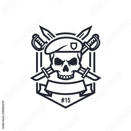 Symbolic military emblem with skull and swords for special operations teams designs