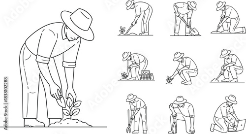 Line drawing of a farmer or gardener planting a seedling, depicting various stages of agricultural work like digging, sowing, harvesting, and tending crops in a collection
