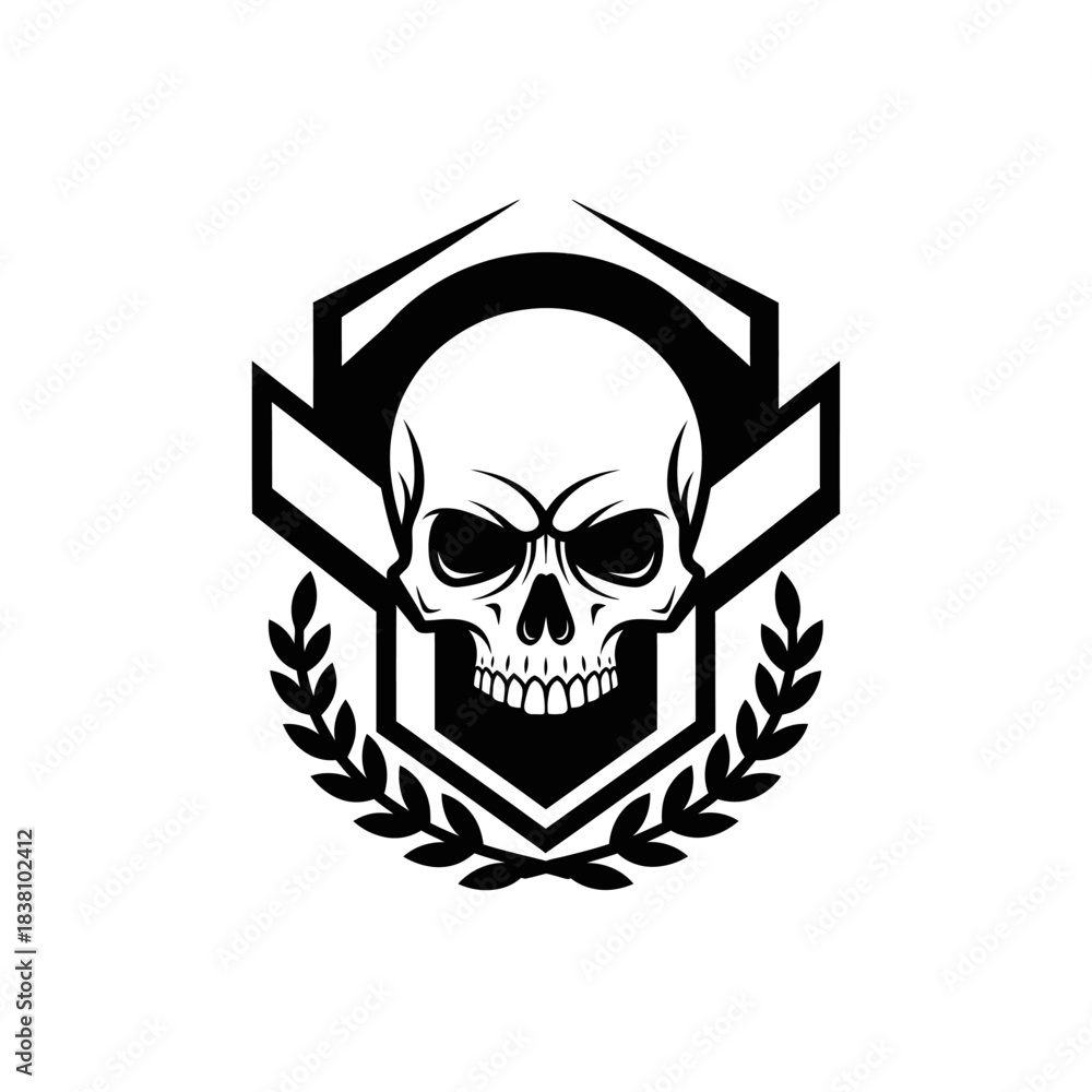Obraz premium Monochrome Skull Emblem Design with Geometric and Foliage Elements for Dark Arts Visuals