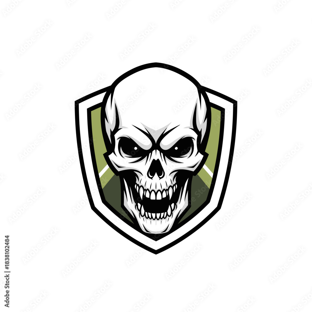 Fototapeta premium Skull emblem on shield, symbol of mortality and protection graphic design illustration