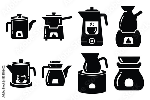 Set of Minimalist black sake warmer kitchen tool silhouette icon set