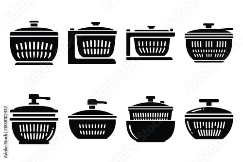 Set of Minimalist black salad spinner kitchen tool silhouette icon set