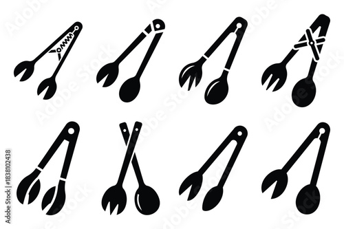 Set of Minimalist black salad tongs kitchen tool silhouette icon set