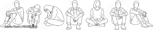 Minimalist Blue Line Art Drawing of Young People Sitting Relaxed and Depressed on the Ground, Representing Loneliness, Mental Health, and Emotional Distress.