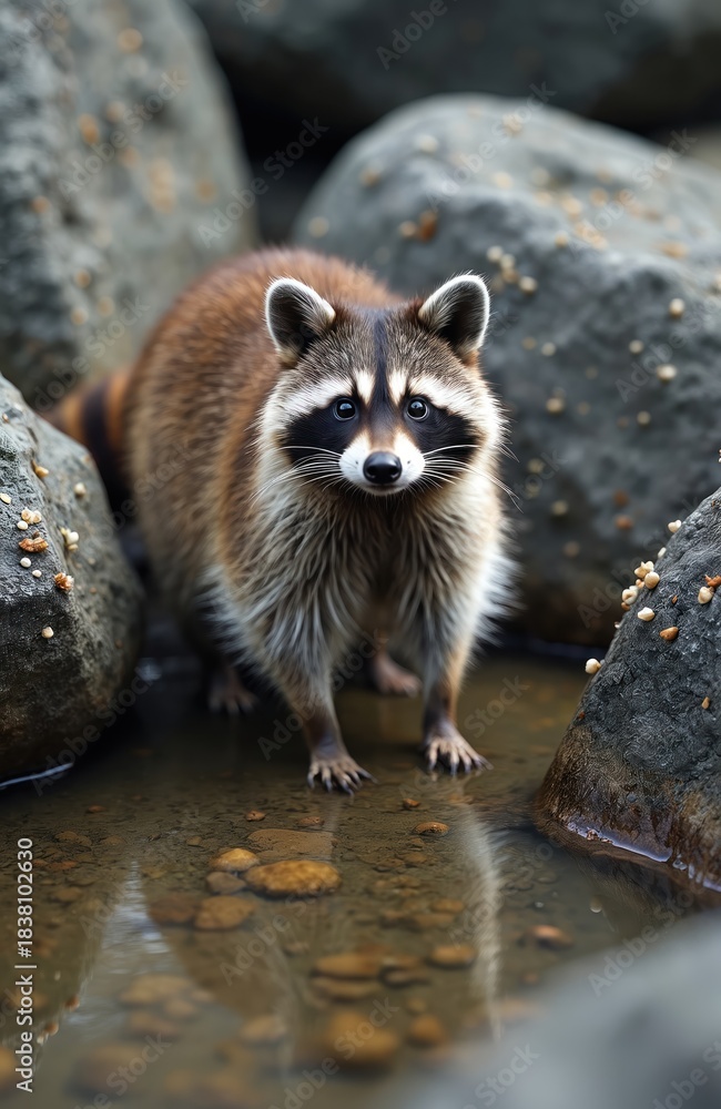 Obraz premium Raccoon stands in shallow water among large rocks. Its striped tail and masked face are prominent. The animal looks directly at the camera with curious eyes.