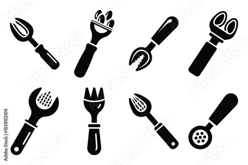 Set of Minimalist black seed remover kitchen tool silhouette icon set