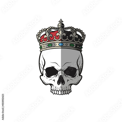 Monochrome skull wearing regal crown, symbol of power and mortality contrasts on white backdrop