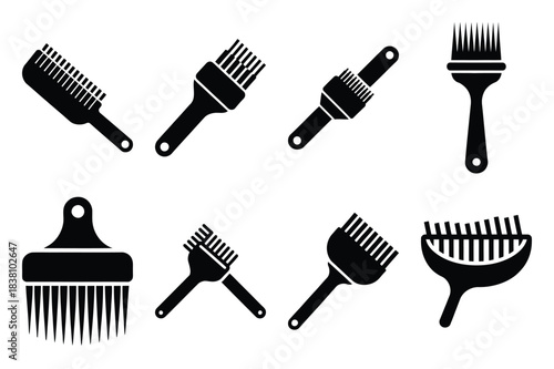 Set of Minimalist black silicone brush kitchen tool silhouette icon set