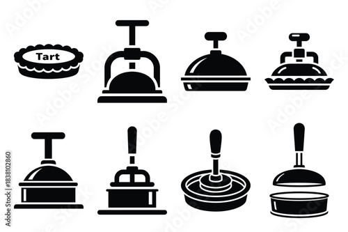 Set of Minimalist black tart press kitchen tool silhouette icon set