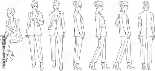 Professional Business Woman Model Poses Set Blueprint Line Art Drawing Vector Illustration For Fashion Design Technical Specification Drawing Template, Corporate Dress Code, Formal Wear, Full Body.