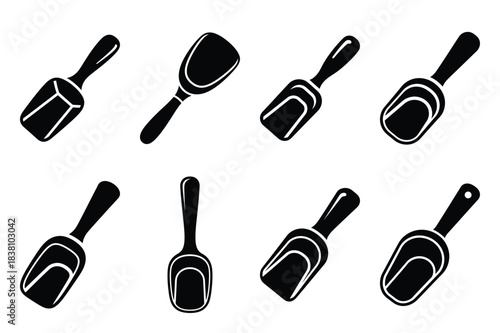 Set of Minimalist black tea scoop kitchen tool silhouette icon set
