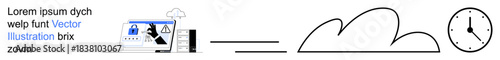 Remote work, communication, time tracking, digital tools, virtual workspace, modern technology. Minimal design of a laptop, cloud and clock. Remote work and communication