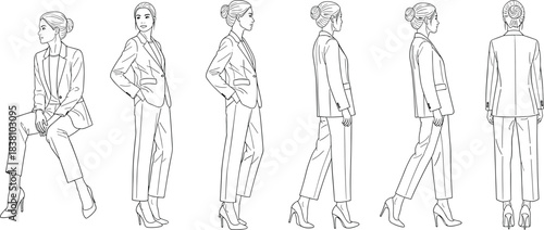 Professional businesswoman in business suit line art drawing set, elegant fashion female model posing in various angles: sitting, standing, walking, and rear view, vector illustration.