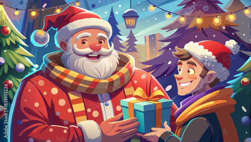 Very beautiful close-up portrait of a cheerful man in a warm striped scarf as Santa Claus hands him a shiny holiday present, both framed in a snowy, glowing Christmas atmosphere.
