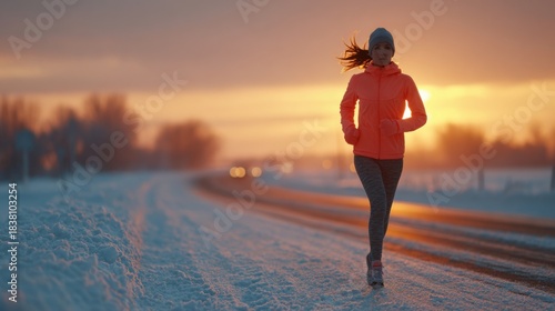 Woman Jogging on Snowy Road at Sunrise in Winter, Wearing Bright Sportswear, Capturing Fitness and Determination in Cold Weather