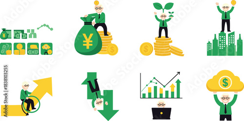 Successful Senior Business Man Investor Achieving Financial Growth, Investment, and Strategy Goals: Money, Market Trends, Economy, Retirement, Profit, and Wealth Management Concept Illustrations.