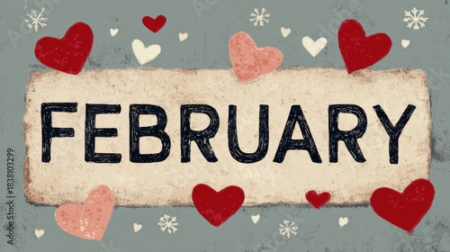 February Theme with Hearts and Snowflakes on Rustic Background for Valentine's Day or Winter Celebrations