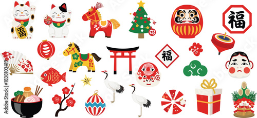 Title: Traditional Japanese New Year Icons Set: Maneki-Neko Cats, Daruma Dolls, Zodiac Horse, Tori Gate, Cranes, Lucky Charms, Christmas Tree, and Festive Symbols for Cultural Celebration.