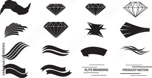 Collection of black graphic design elements including diamonds waves ribbons and abstract shapes