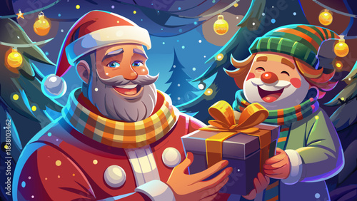 Very beautiful close-up portrait of a cheerful man in a warm striped scarf as Santa Claus hands him a shiny holiday present, both framed in a snowy, glowing Christmas atmosphere.
