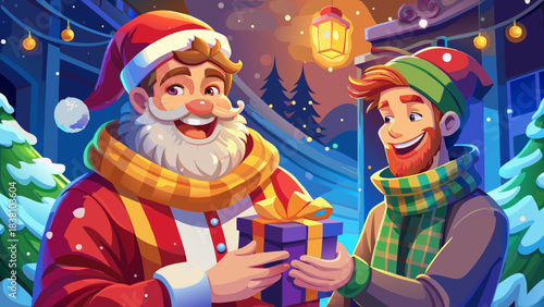 Very beautiful close-up portrait of a cheerful man in a warm striped scarf as Santa Claus hands him a shiny holiday present, both framed in a snowy, glowing Christmas atmosphere.
