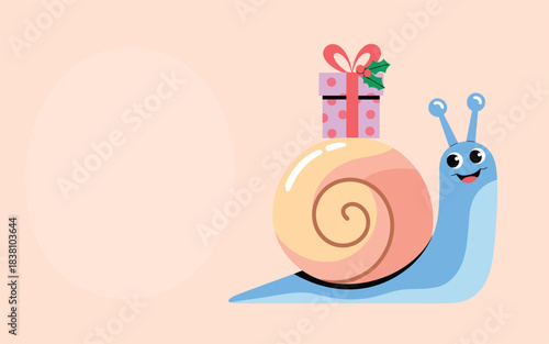 A snail carrying a gift moves slowly across a flat surface in a simple illustration