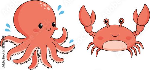 Cute ocean buddies cartoon set with smiling octopus and crab characters, adorable sea animal vector illustration