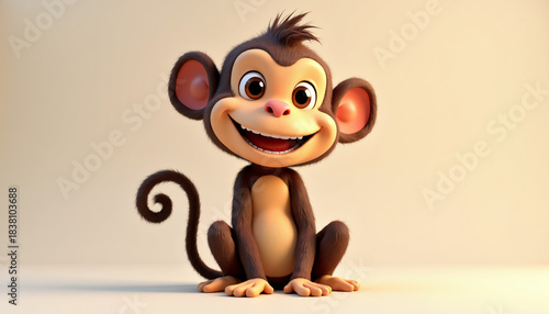 3D cartoon monkey with cheerful smile sitting on off-white background