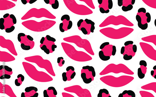 Vibrant Pink Lips and Leopard Spots Pattern on White Background